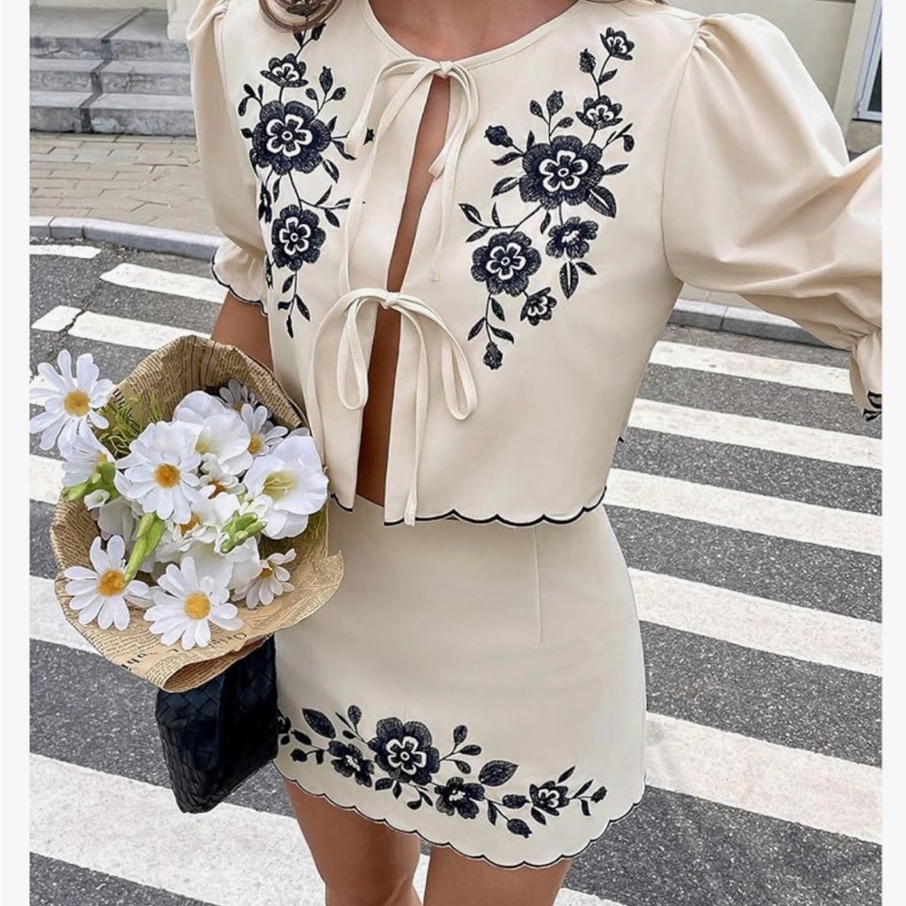 Cream Floral Embroidered Boho Two-Piece Set